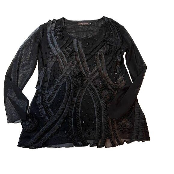 Vintage Blouse M Black Silk Blend Beaded Embellished Holiday Evening Party Top - Picture 6 of 10